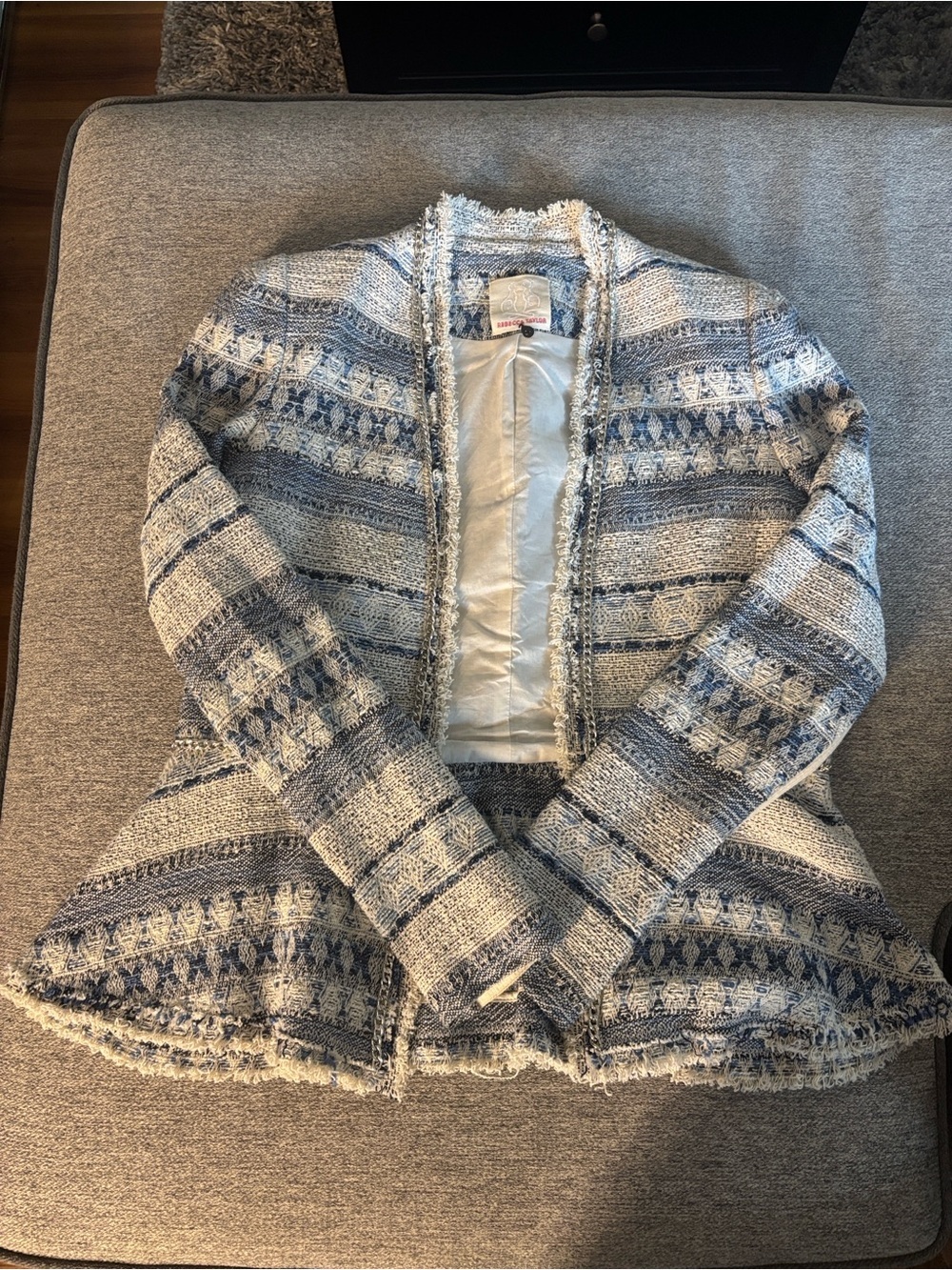 Rebecca Taylor Blazer Beige Blue Tweed Open Front Fringe Chain Jacket